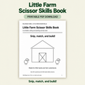 Little Farm Scissor Skills Book printable PDF with a pale tan background.