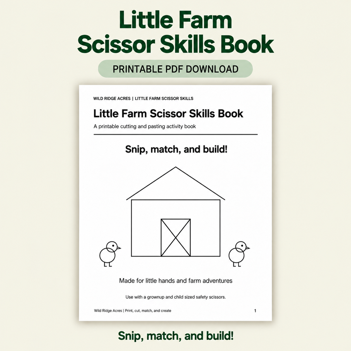 Little Farm Scissor Skills Book printable PDF with a pale tan background.