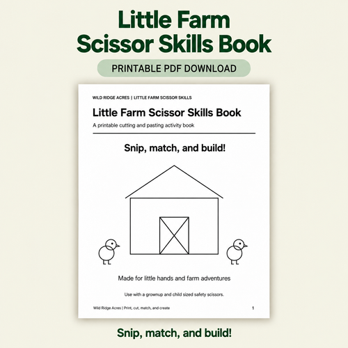Little Farm Scissor Skills Book printable PDF with a pale tan background.