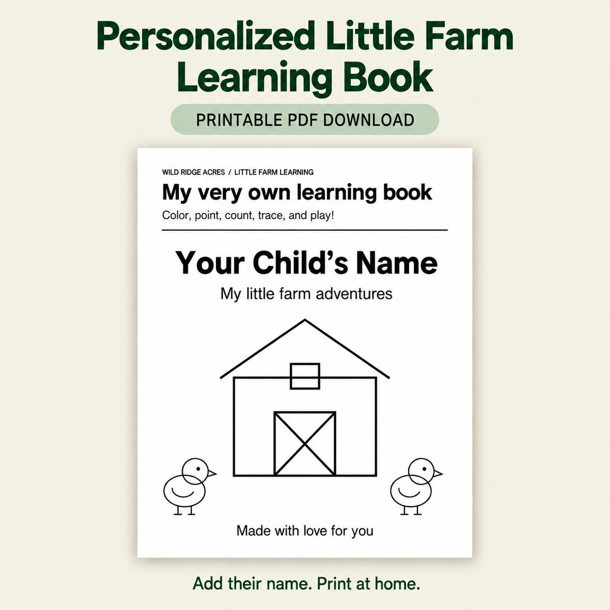 Personalized Little Farm Learning Book printable PDF with pale tan background.